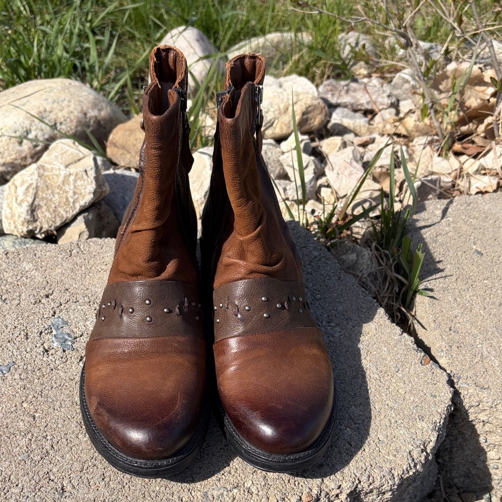 Miz Mooz Brown Leather Studded Ankle Boots